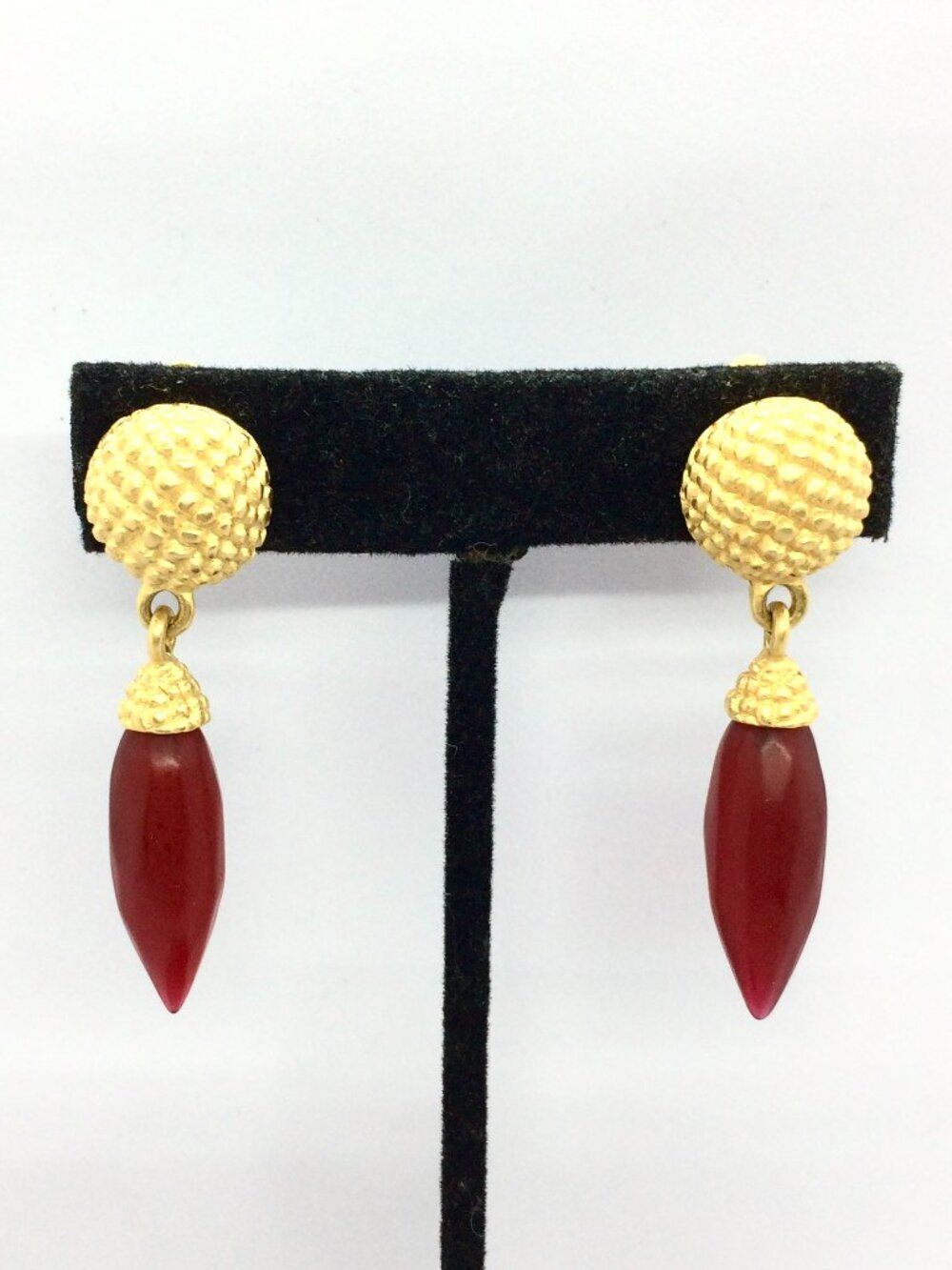 KARL LAGERFELD EARRINGS Vintage Gold Tone Red Frosted Glass Drop Clip On KL